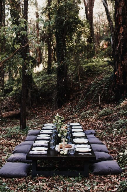 Wooden table with plates and glasses prepared for dinner in forest with green trees